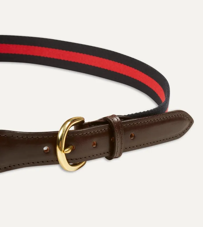 Drake039s Navy And Red Stripe Webbing And Leather Belt With Brass Buckle 8211 Accessories