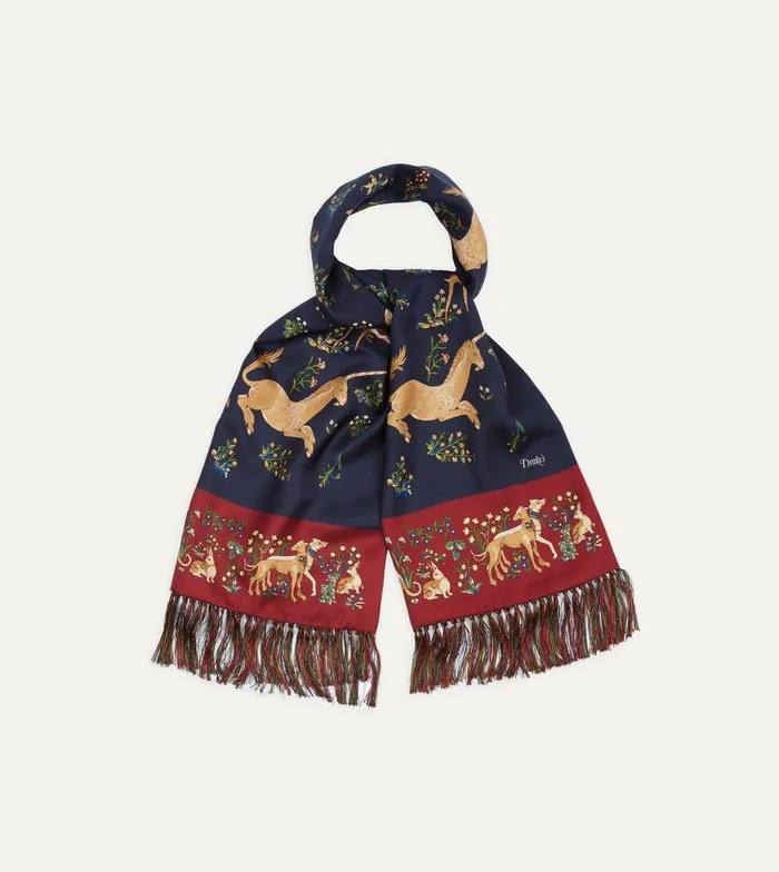 Drake039s Navy Unicorn Print Tubular Silk Tasselled Scarf 8211 Accessories