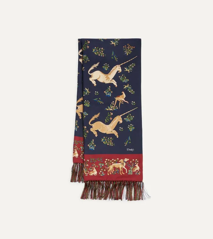 Drake039s Navy Unicorn Print Tubular Silk Tasselled Scarf 8211 Accessories