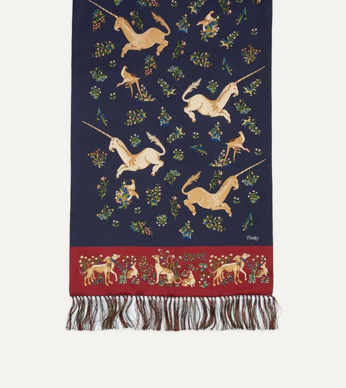 Drake039s Navy Unicorn Print Tubular Silk Tasselled Scarf 8211 Accessories