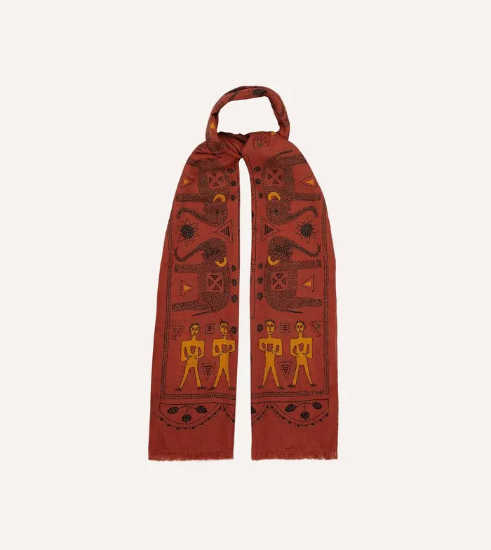 Drake039s Rust Elephant Print WoolSilk Scarf 8211 Accessories