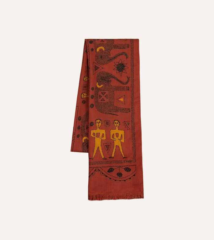 Drake039s Rust Elephant Print WoolSilk Scarf 8211 Accessories