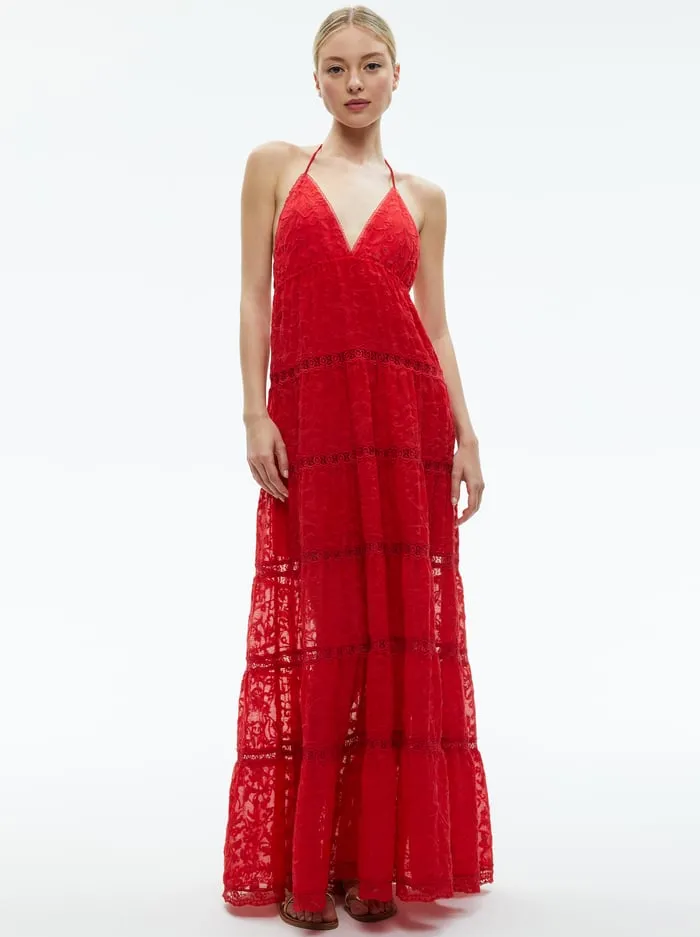 Dresses Women Alice Olivia Mae Halter Tiered Maxi Dress Bright Ruby