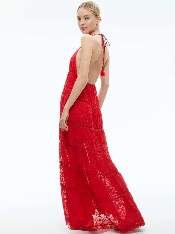Dresses Women Alice Olivia Mae Halter Tiered Maxi Dress Bright Ruby
