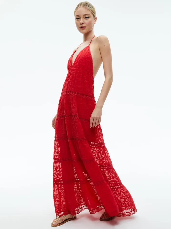 Dresses Women Alice Olivia Mae Halter Tiered Maxi Dress Bright Ruby