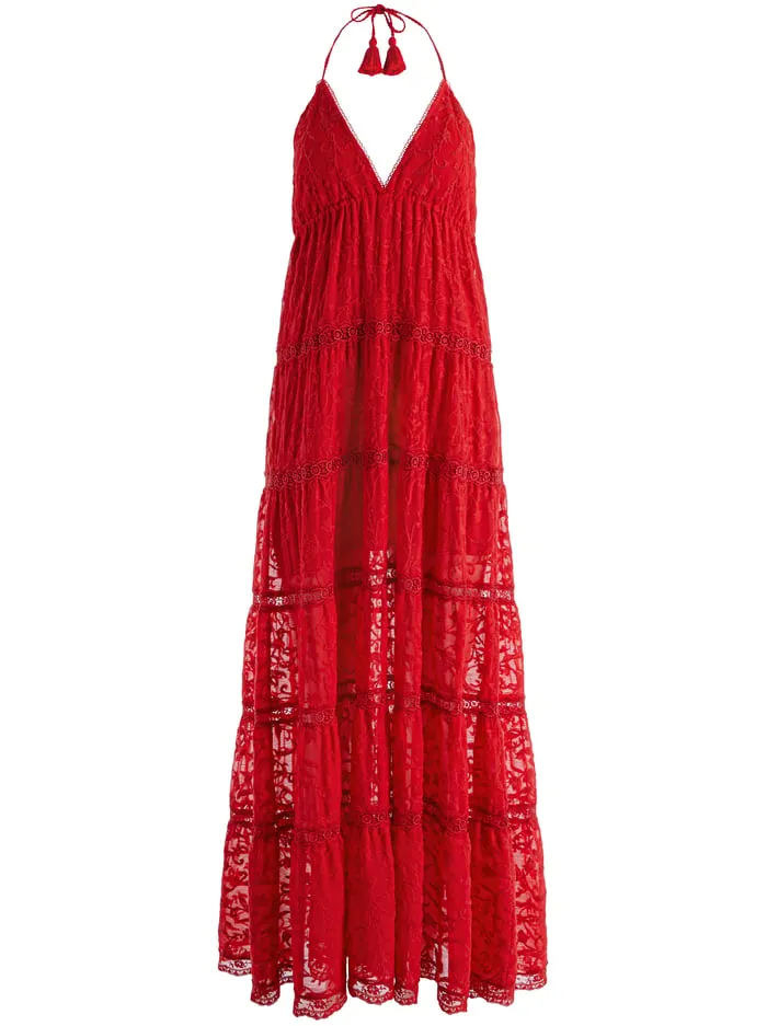 Dresses Women Alice Olivia Mae Halter Tiered Maxi Dress Bright Ruby