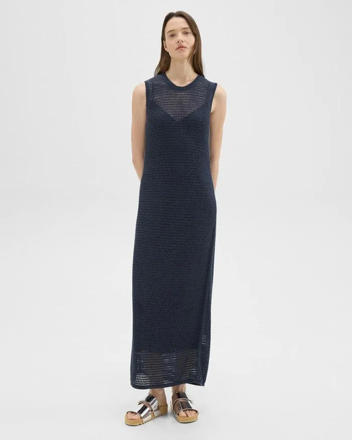 Dresses Women Theory Mesh Maxi Dress In LinenViscose Nocturne Navy