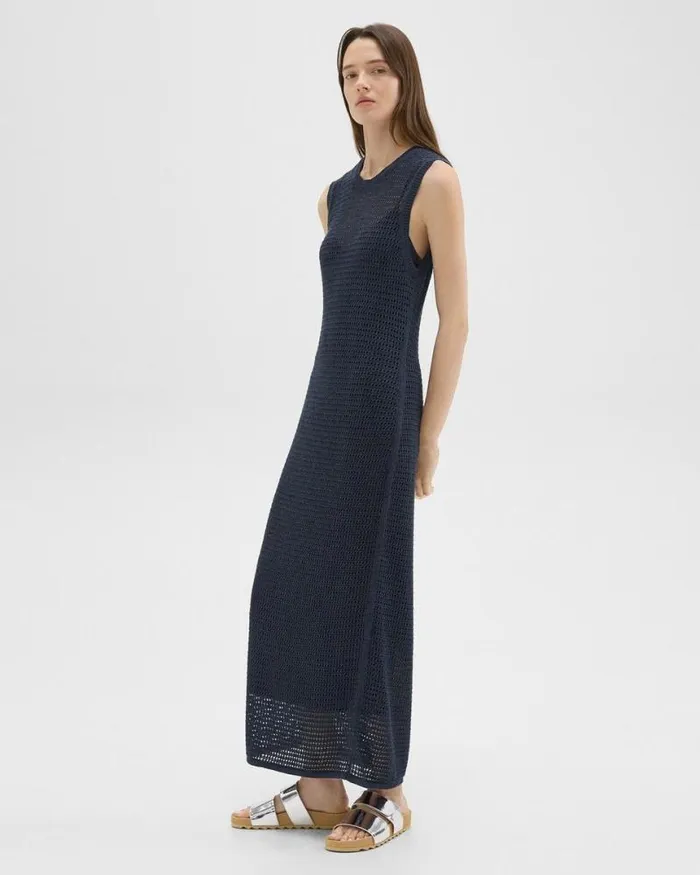 Dresses Women Theory Mesh Maxi Dress In LinenViscose Nocturne Navy
