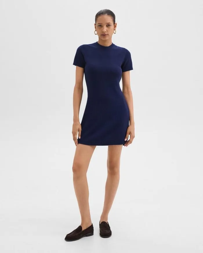 Dresses Women Theory Mini Sweater Dress In Felted WoolCashmere Dark Denim