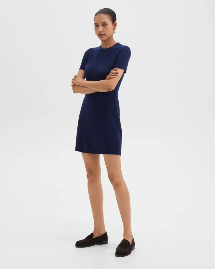 Dresses Women Theory Mini Sweater Dress In Felted WoolCashmere Dark Denim