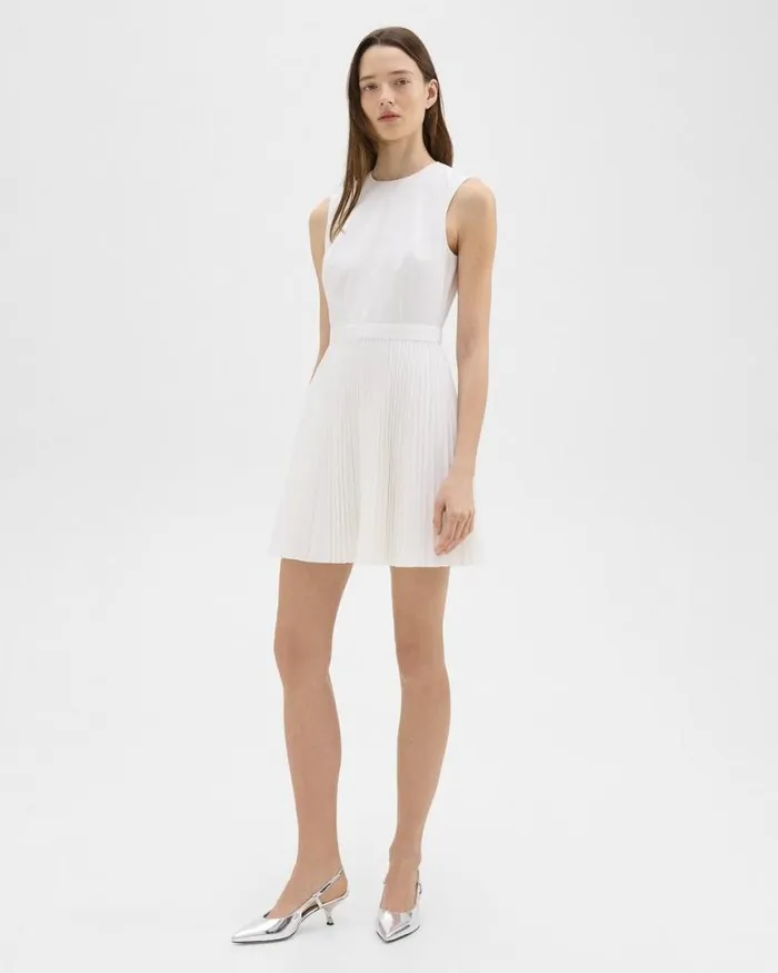 Dresses Women Theory Pleated Mini Dress In Sleek Poplin White Dresses Women Theory Pleated Mini Dress In Sleek Poplin White