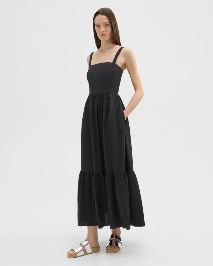Dresses Women Theory Tiered Sleeveless Dress In CottonBlend Black Dresses Women Theory Tiered Sleeveless Dress In CottonBlend Black