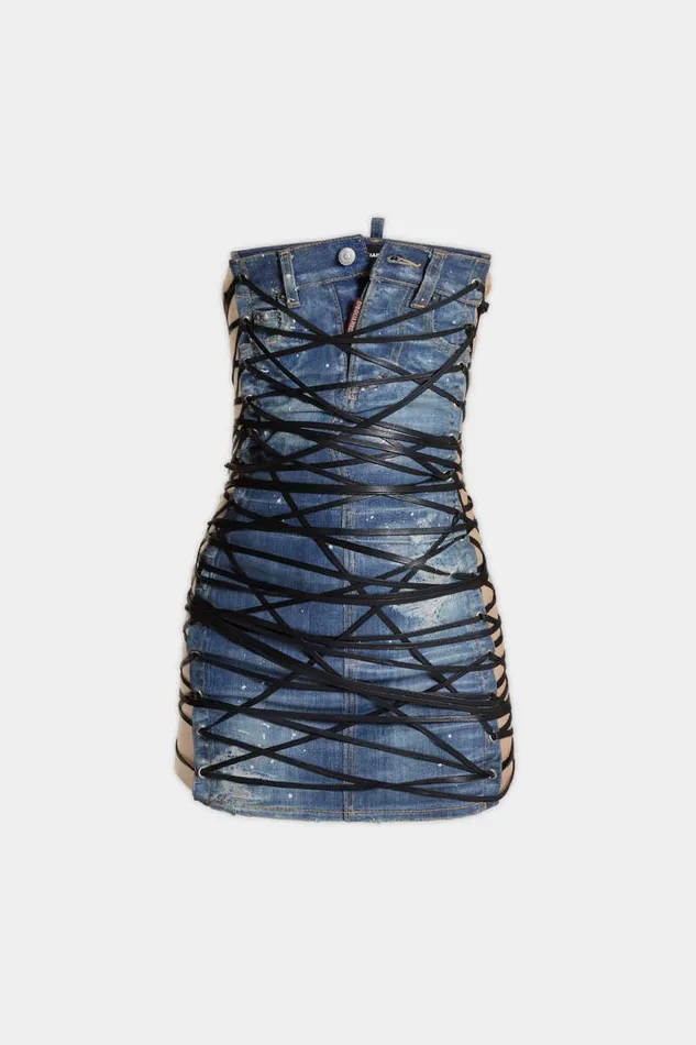 Dsquared2 Dresses and Jumpsuits Light Frozen Wash Lace Up Jean Dress Navy 8211 Women