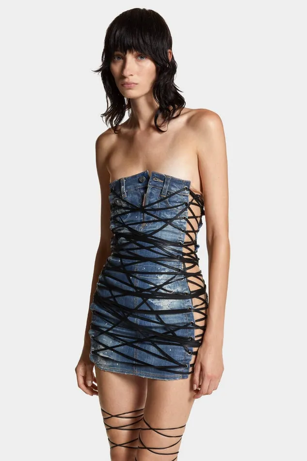 Dsquared2 Dresses and Jumpsuits Light Frozen Wash Lace Up Jean Dress Navy 8211 Women