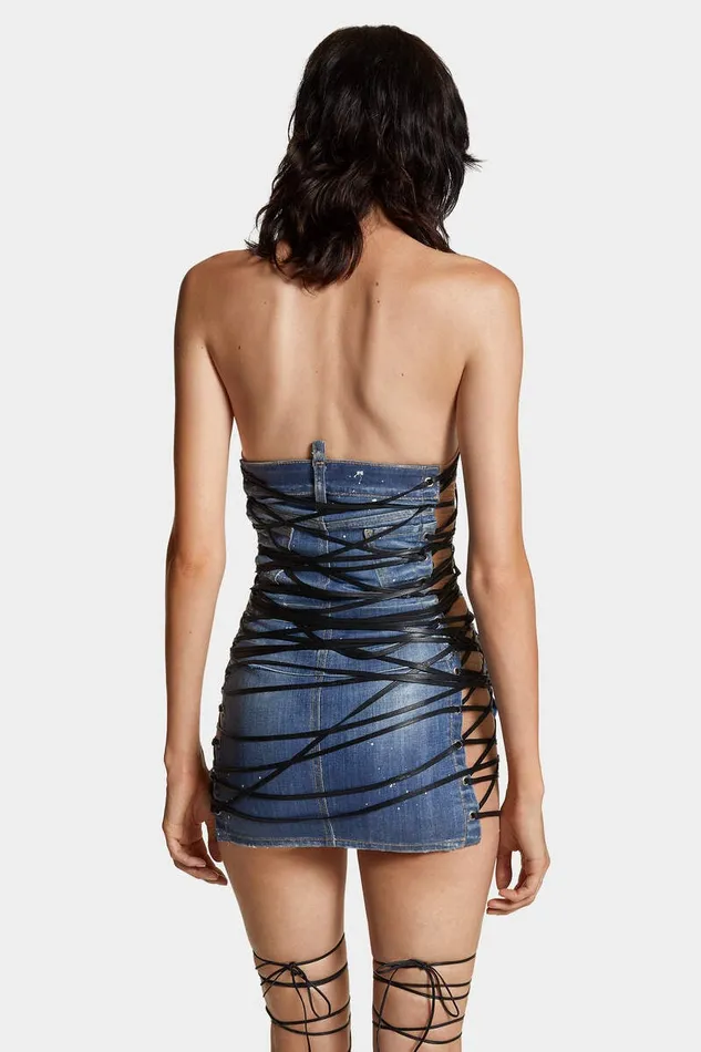 Dsquared2 Dresses and Jumpsuits Light Frozen Wash Lace Up Jean Dress Navy 8211 Women