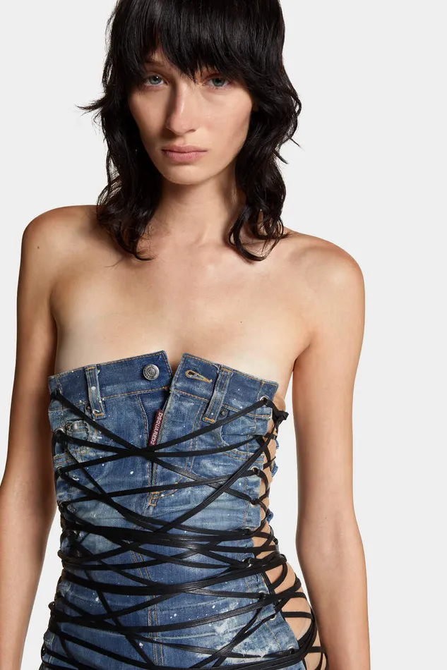 Dsquared2 Dresses and Jumpsuits Light Frozen Wash Lace Up Jean Dress Navy 8211 Women