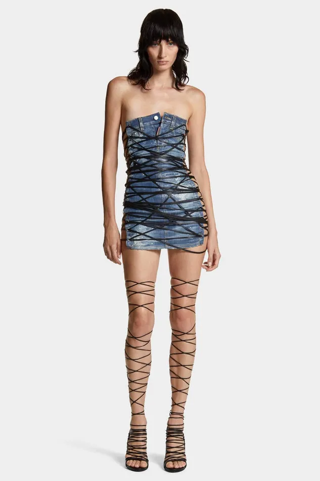 Dsquared2 Dresses and Jumpsuits Light Frozen Wash Lace Up Jean Dress Navy 8211 Women