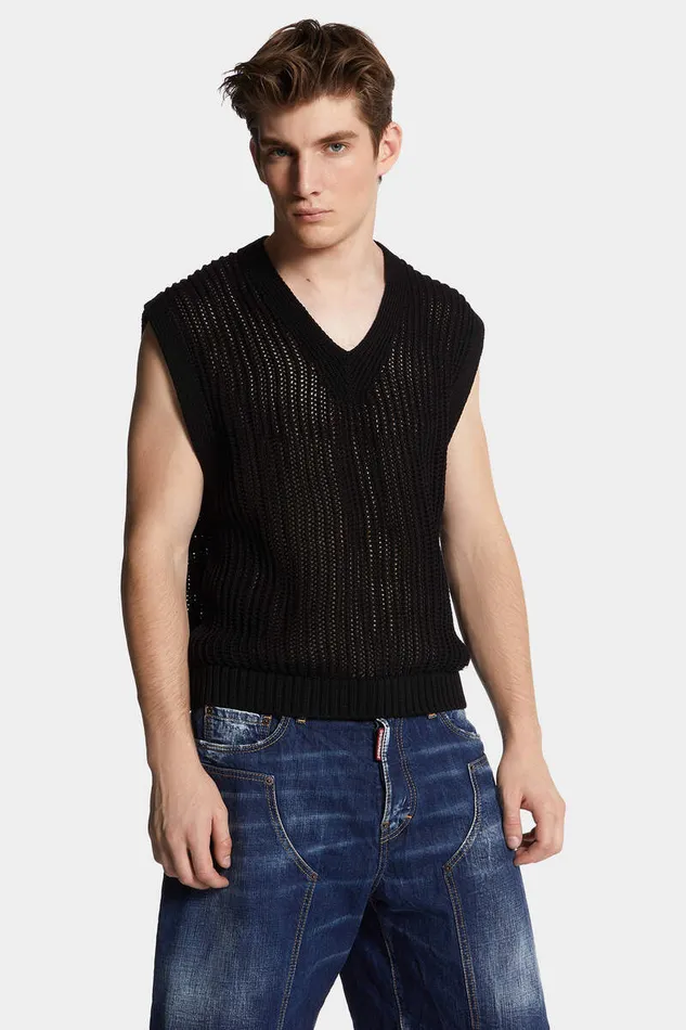 Dsquared2 Knitwear OpenKnit V Neck Vest Black 8211 Men