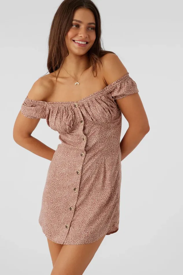 ELLISON LORDES ANIMAL OFFTHESHOULDER MINI DRESS Burlwood Women O039NEILL Clothing