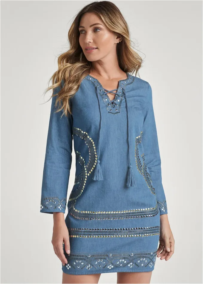 EMBELLISHED CHAMBRAY DRESS Medium Wash Women VENUS Party Dresses