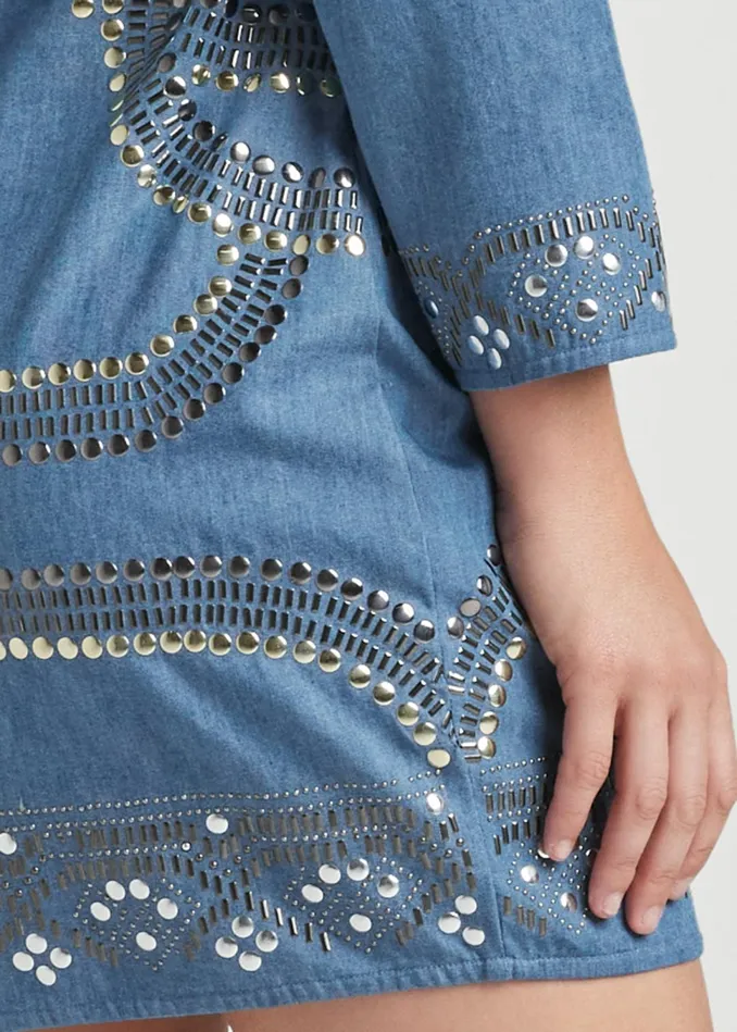 EMBELLISHED CHAMBRAY DRESS Medium Wash Women VENUS Party Dresses