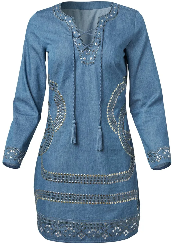 EMBELLISHED CHAMBRAY DRESS Medium Wash Women VENUS Party Dresses