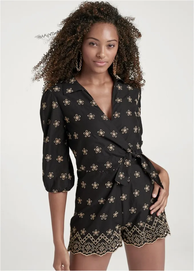 EYELET WRAP TIE ROMPER Black and Taupe Women VENUS Rompers
