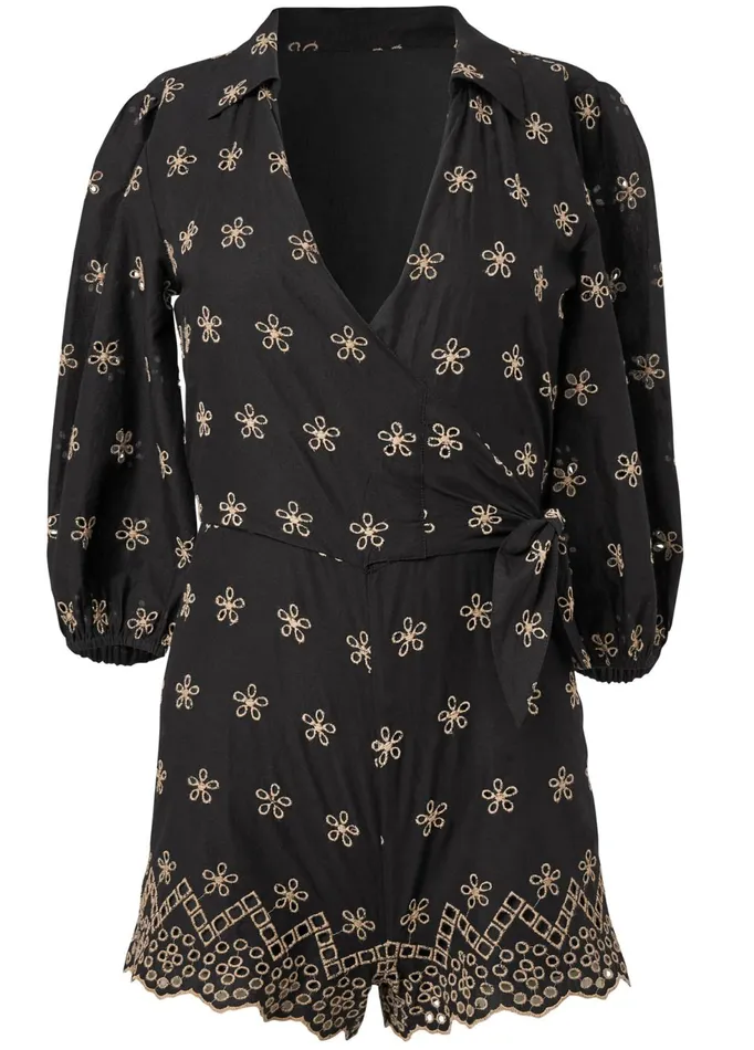 EYELET WRAP TIE ROMPER Black and Taupe Women VENUS Rompers