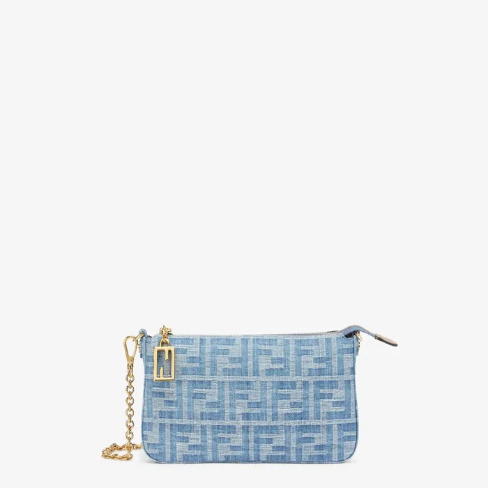 Fendi Shoulder and Crossbody Bags Baguette Pouch Light Blue FF Denim Fabric Pouch With Chain 8211 Women Fendi Shoulder and Crossbody Bags Baguette Pouch Light Blue FF Denim Fabric Pouch With Chain 8211 Women