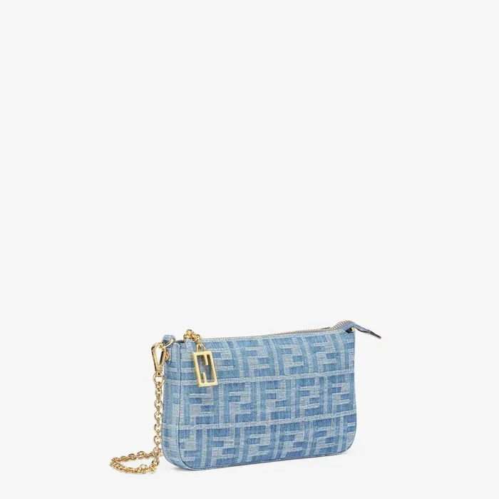 Fendi Shoulder and Crossbody Bags Baguette Pouch Light Blue FF Denim Fabric Pouch With Chain 8211 Women