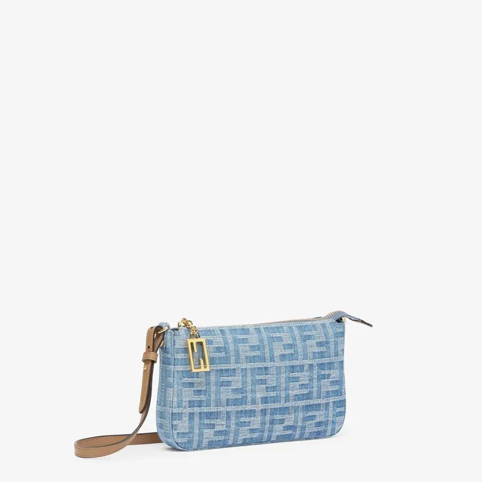 Fendi Shoulder and Crossbody Bags Baguette Pouch Light Blue FF Denim Fabric Pouch With Chain 8211 Women