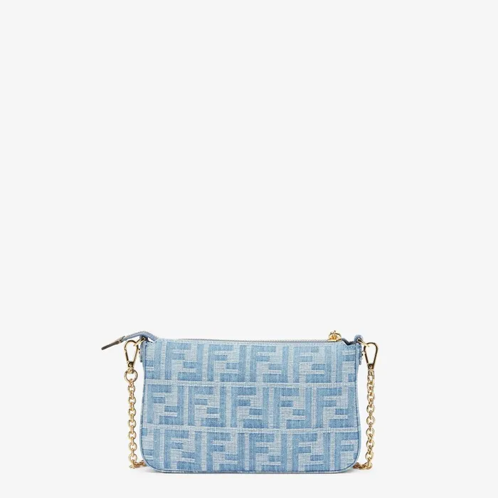 Fendi Shoulder and Crossbody Bags Baguette Pouch Light Blue FF Denim Fabric Pouch With Chain 8211 Women