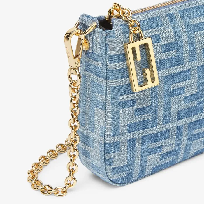 Fendi Shoulder and Crossbody Bags Baguette Pouch Light Blue FF Denim Fabric Pouch With Chain 8211 Women