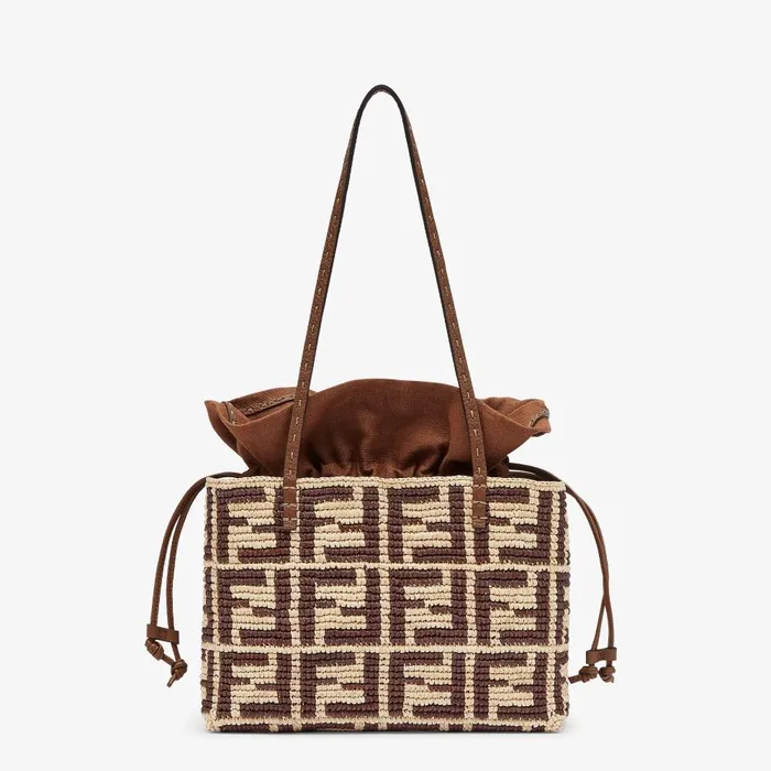 Fendi Tote Bags Small Roll Brown FF Raffia Crochet Shopper With Pouch 8211 Women