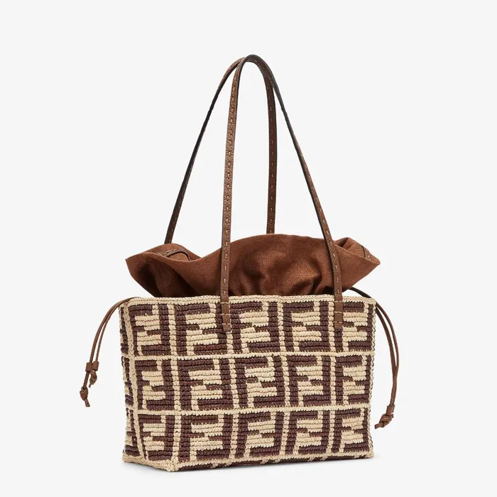 Fendi Tote Bags Small Roll Brown FF Raffia Crochet Shopper With Pouch 8211 Women