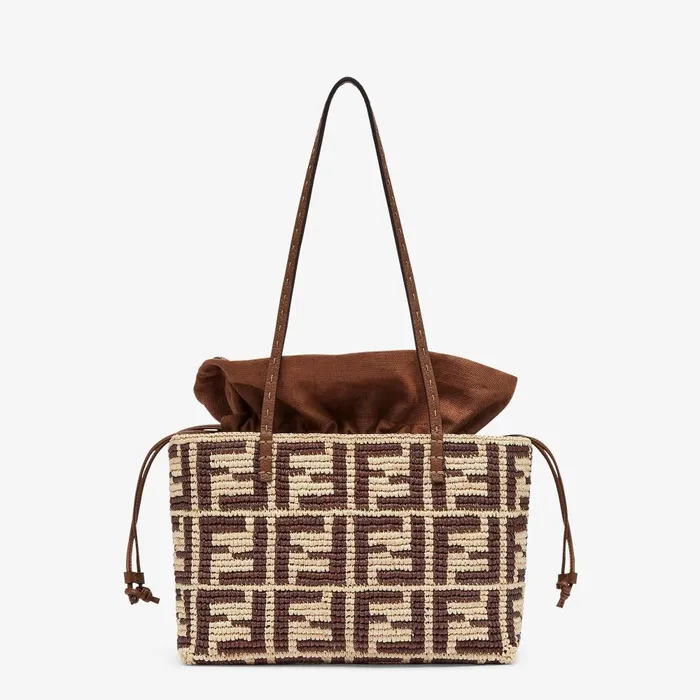 Fendi Tote Bags Small Roll Brown FF Raffia Crochet Shopper With Pouch 8211 Women