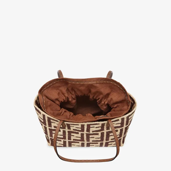 Fendi Tote Bags Small Roll Brown FF Raffia Crochet Shopper With Pouch 8211 Women