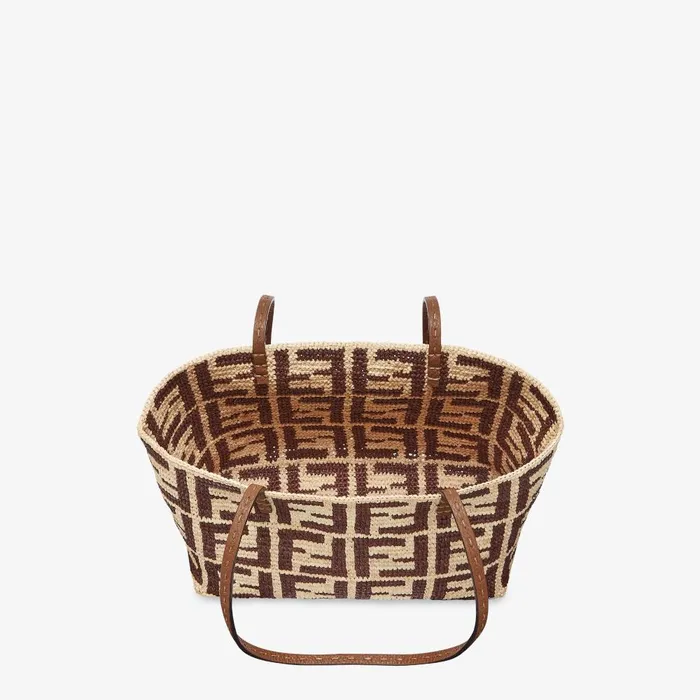 Fendi Tote Bags Small Roll Brown FF Raffia Crochet Shopper With Pouch 8211 Women