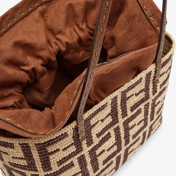 Fendi Tote Bags Small Roll Brown FF Raffia Crochet Shopper With Pouch 8211 Women