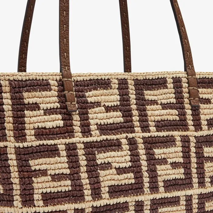 Fendi Tote Bags Small Roll Brown FF Raffia Crochet Shopper With Pouch 8211 Women