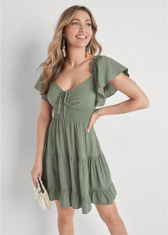 FLUTTER SLEEVE TIERED DRESS Olive Women VENUS Sundresses