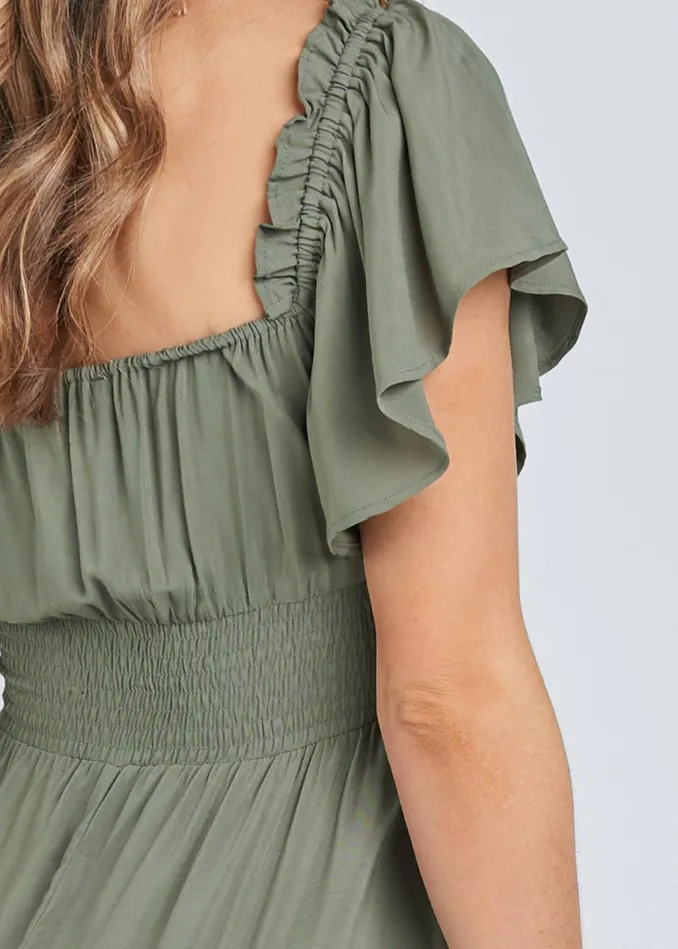 FLUTTER SLEEVE TIERED DRESS Olive Women VENUS Sundresses