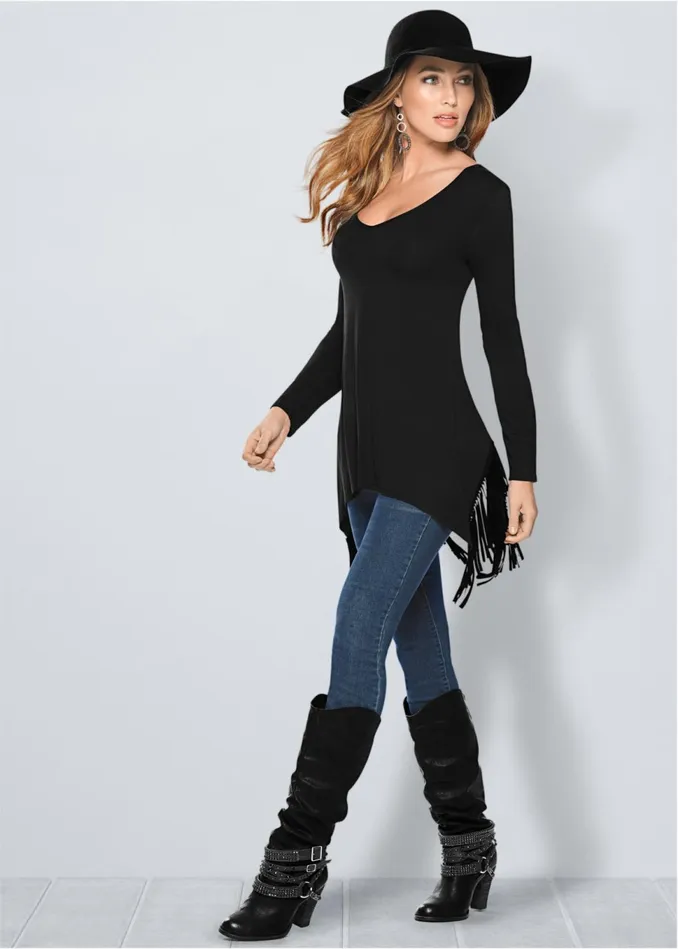 FRINGE DETAIL TUNIC TOP Black Women VENUS Night Out Tops