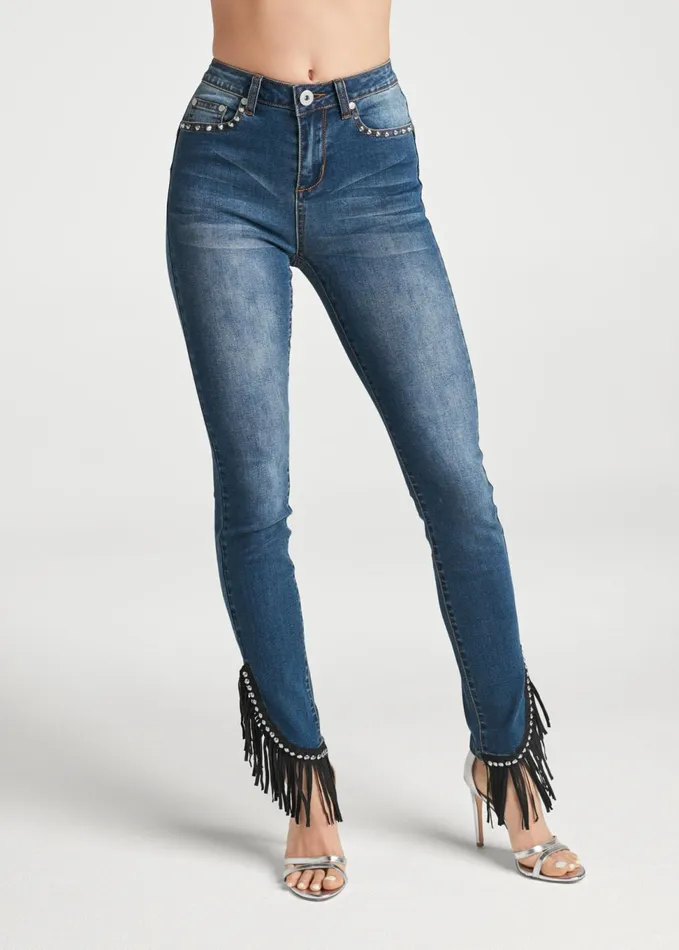 FRINGE TRIM JEANS Dark Wash Women VENUS Novelty Jeans