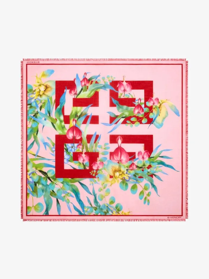 Givenchy Shawl In Cashmere And Silk With 4G Flowers Print Pink Women Scarves