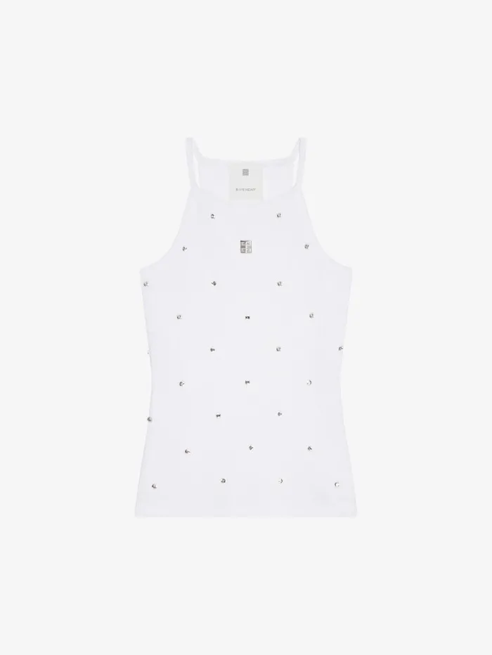 Givenchy Slim Fit Tank Top In Cotton With 4G And Crystals White Women TShirts