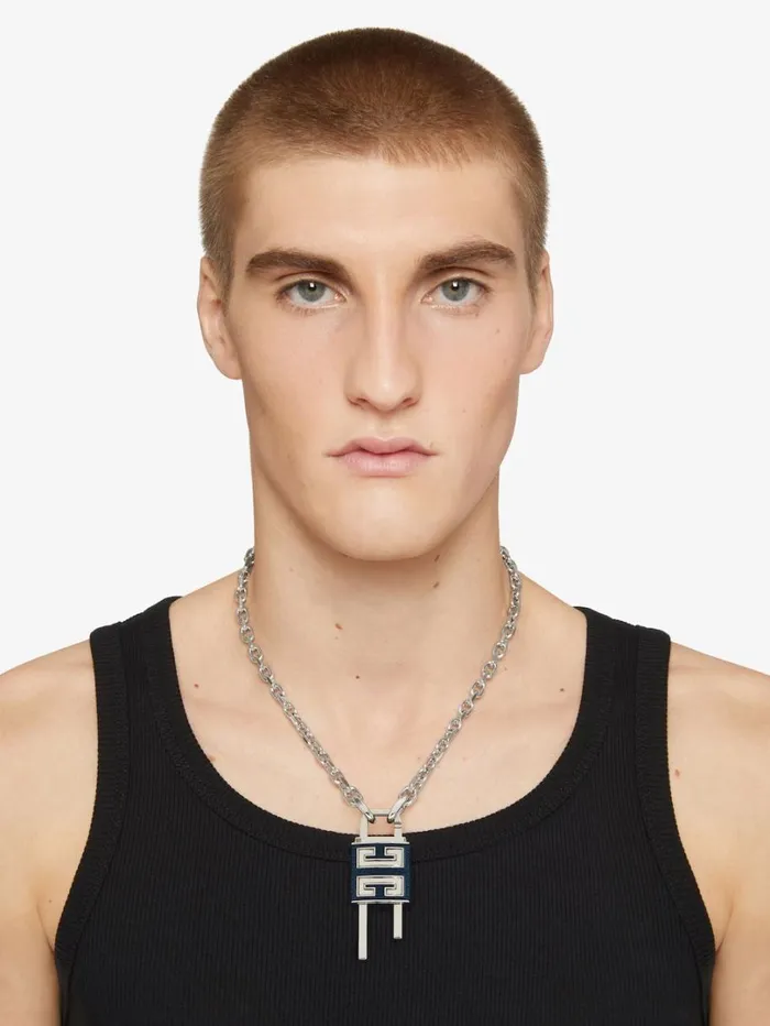 Givenchy Small Lock Necklace In Metal And Leather Bluesilvery Men Jewelry