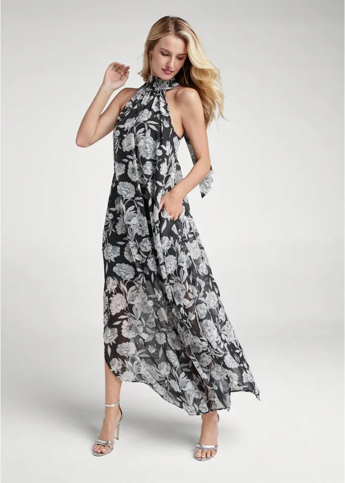 HIGH NECK FLORAL MAXI DRESS Black Multi Women VENUS Maxi Dresses
