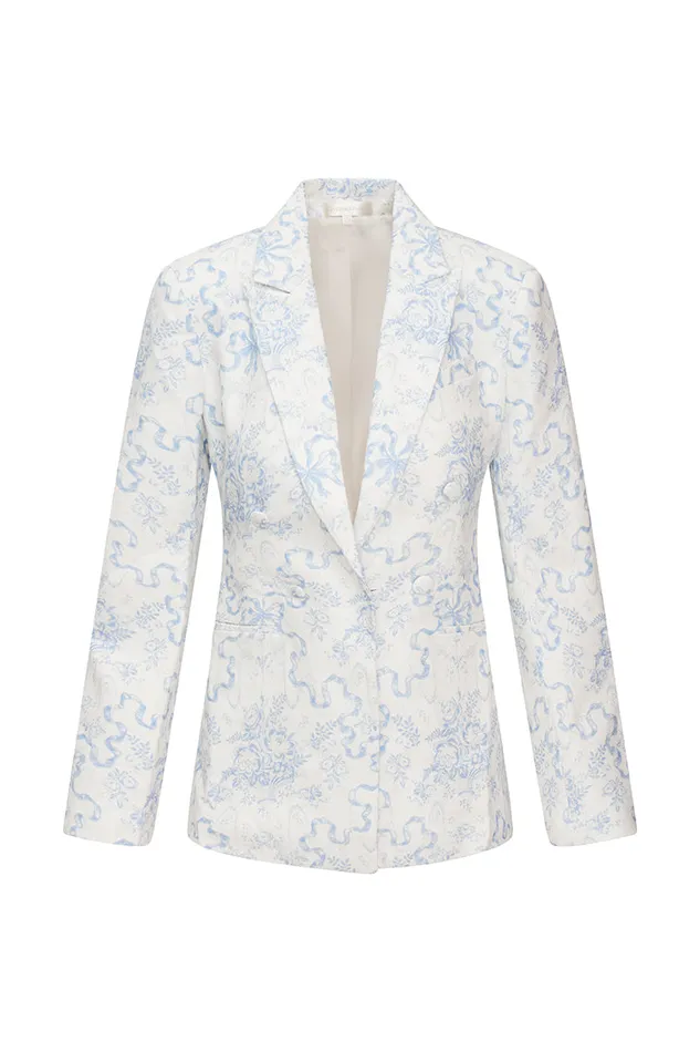 Jackets and Coats Women LoveShackFancy Lumine Double Breasted Bow Print Jacket Blissful Blue