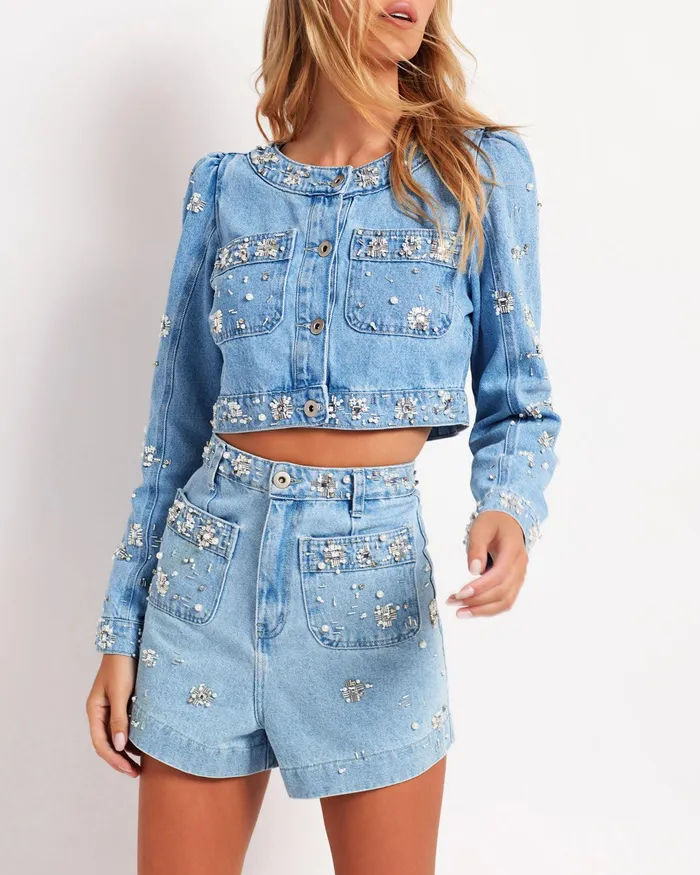 Jackets Women PatBO HandBeaded Cropped Denim Jacket